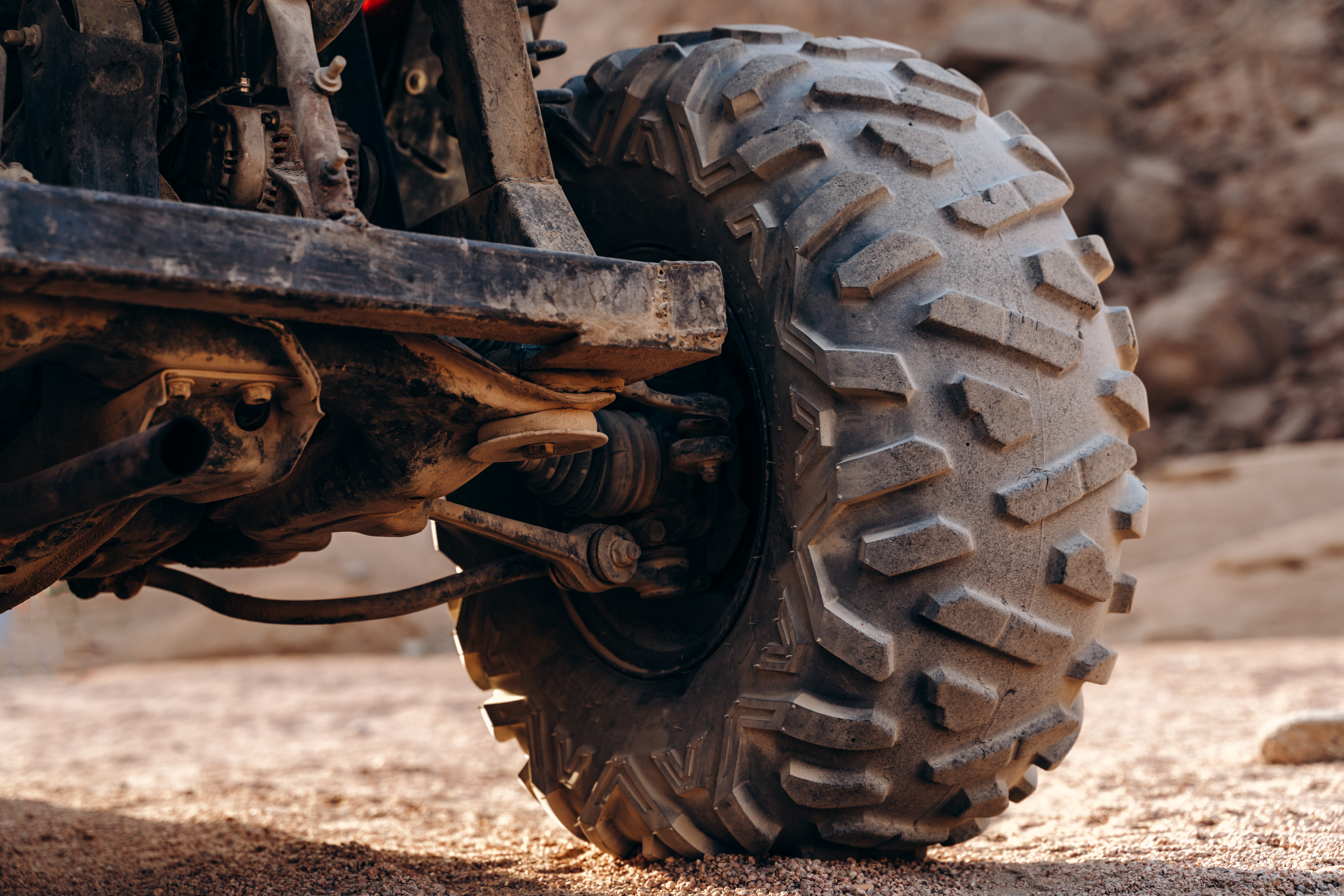 Close-up view of a large ATV wheel or buggy. Ready for fun in the desert